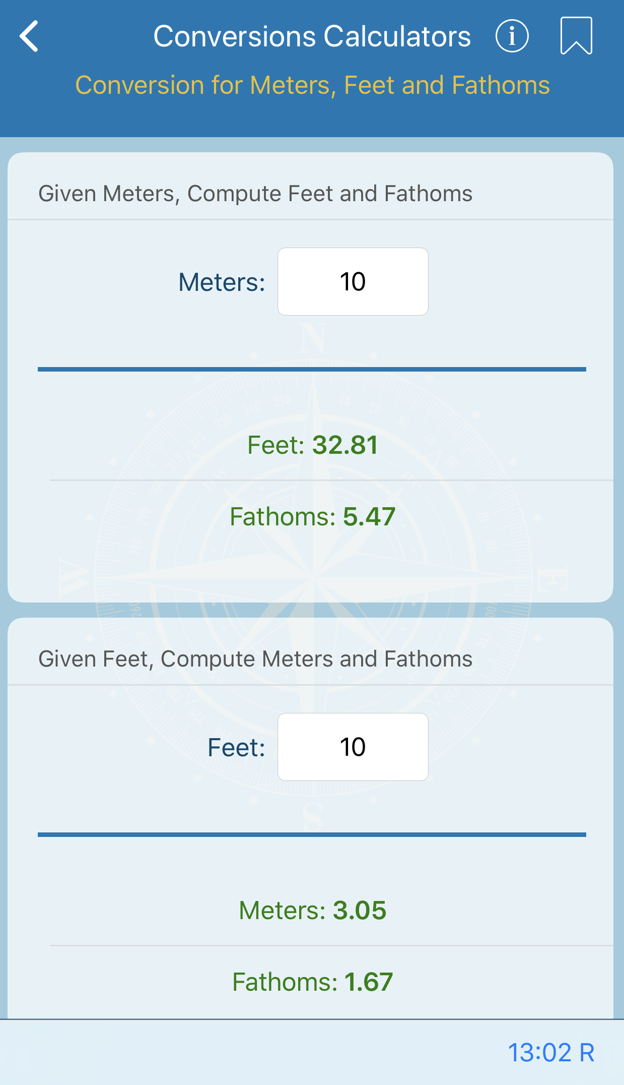 Conversion for Meters, Feet and Fathoms